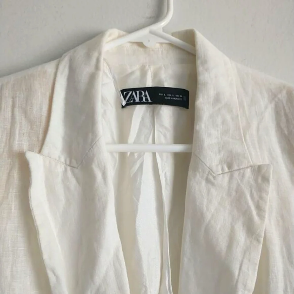 Zara Open Blazer Jacket Womens L Cream 100%Linen Lined Unstructured Lighweight - Picture 2 of 10